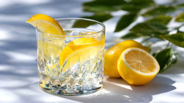 Refreshing glass of lemonade with lemon slices and whole lemons on a white surface, surrounded by green leaves in bright natural light