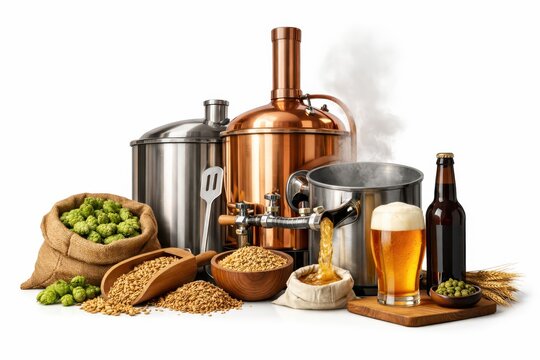 Artisanal brewing process featuring hops grains fermentation equipment with copper kettle and steam alongside refreshing beer showcasing craftsmanship and tradition