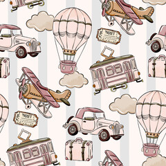 Cotton fabric Vintage transportation seamless pattern featuring watercolor airplanes hot air balloons classic cars and antique trolleys on a striped background for nursery decor and textile applications