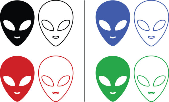 Extraterrestrial Alien Face Icon Set with Solid and Outline Styles in Multiple Colors for Sci-Fi Design