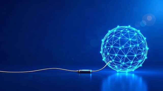 Blue glowing network sphere with cable