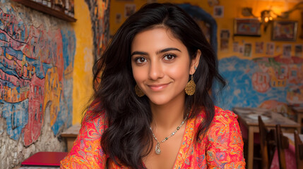 Naklejka premium Young woman with long dark hair wearing colorful ethnic attire poses in a vibrant cafe with artistic wall murals and wooden furniture in the background