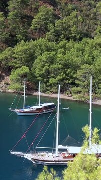 Experience tranquil gulets resting peacefully in pristine turquoise bay near Fethiye, Turkey. Lush Babadag Mountain greenery embraces this Aegean Sea jewel, offering perfect day retreat in Oludeniz.