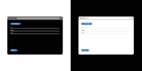 Email and messaging interface. Mail client new message window desktop user interface layout vector UI template illustration set. Light mode and dark mode