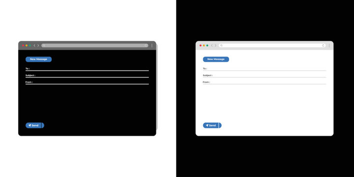 Email and messaging interface. Mail client new message window desktop user interface layout vector UI template illustration set. Light mode and dark mode