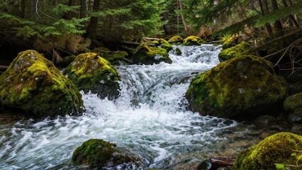 Obraz premium Powerful, Turbulent Clear Water Crashing Over Smooth, Algae-Covered Stones in a Forest Framed by Towering Cedar Trees with Bright Green Moss