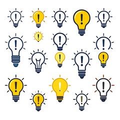 A collection of various lightbulb icons featuring an exclamation mark, rendered in vibrant colors and varying levels of illumination