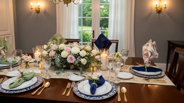 A formal dining table set with florals and candles for a sophisticated meal