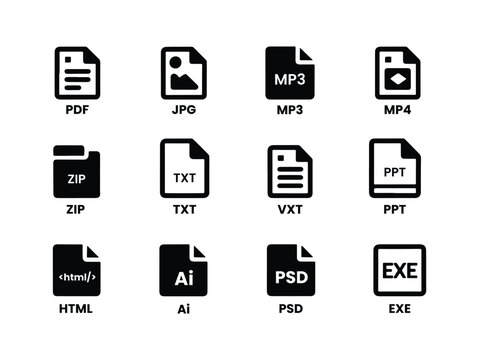Digital File Format and Document Type Icon Set for File Management, Software Interface, and Data Organization Design