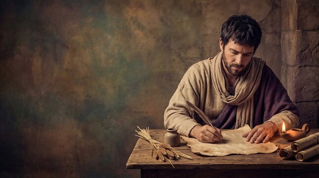 Ancient man writing on parchment with thoughtful mood inside humble dwelling biblical scripture reflection prayer first century Christianity with copy space