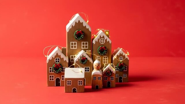 A festive holiday village comprising intricately decorated gingerbread houses with snow-covered roofs and vibrant greenery against a bold red backdrop