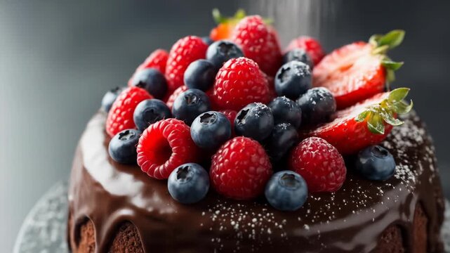 A decadent chocolate cake smothered in rich chocolate icing and topped with a mix of juicy strawberries, plump raspberries, and vibrant blueberries