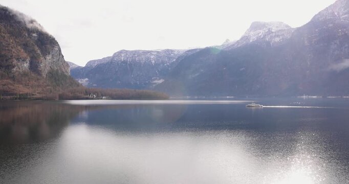 Scenic ferry crossing mountain lake hallstatt austria