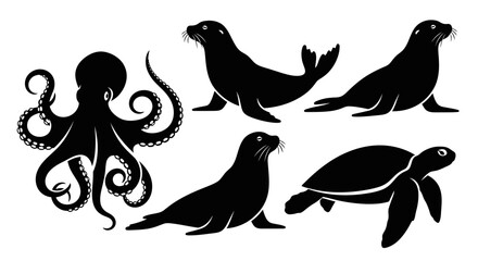 Obraz premium Marine Animals Silhouettes Set: Octopus, Seals, and Sea Turtle Isolated on White Background