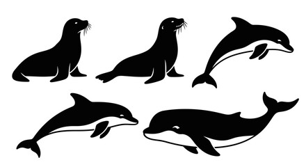 Obraz premium Marine Animals Silhouettes Set: Sea Lions, Dolphins, and Whales Collection