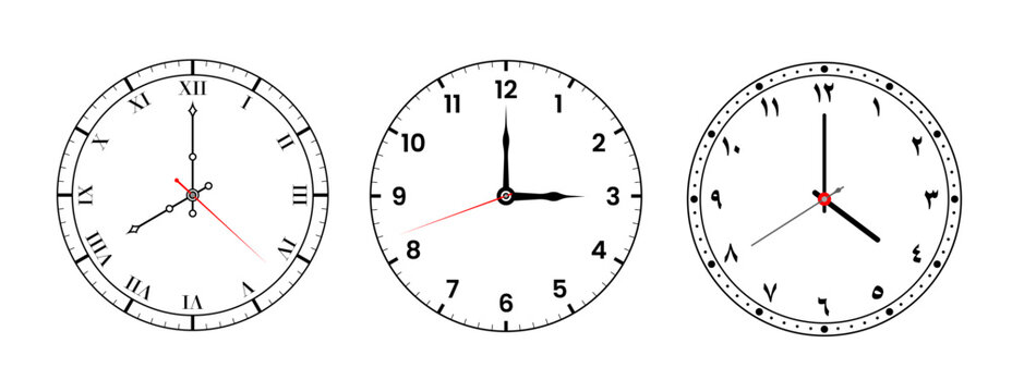 Analog wall clock faces set featuring roman, and eastern arabic numerals, timepiece collection with hour, minute, and second hands isolated on transparent background. Vector illustration.