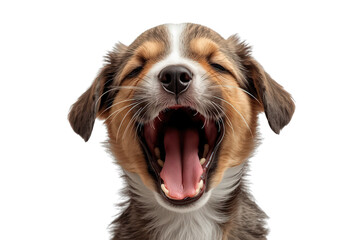 Fototapeta premium Puppy yawning, a close-up portrait expressing sleepiness, fatigue, and relaxation, with a transparent background