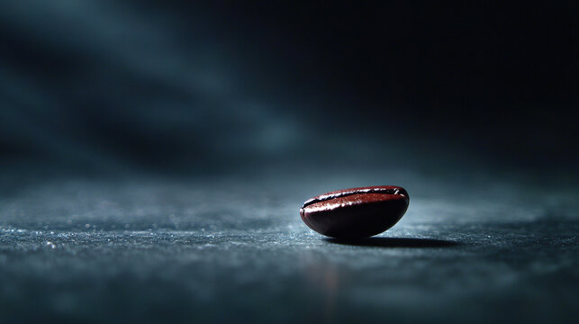 Close-up of a glossy red capsule on a dark textured surface