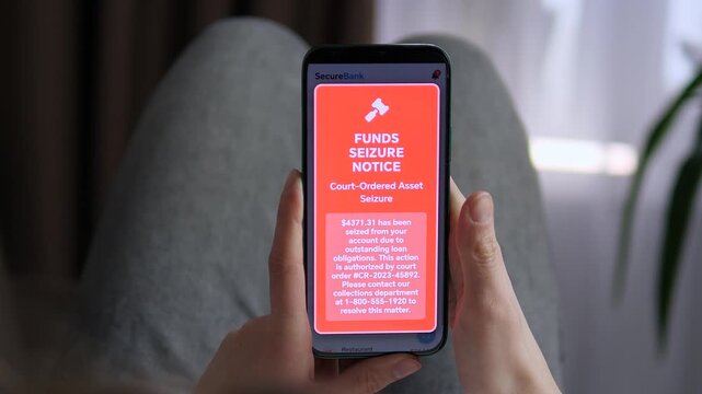 A person holds a phone with a red funds seizure notice for outstanding loans. Perfect for debt recovery services, financial education, and economic documentaries. Illustrates the reality of credit