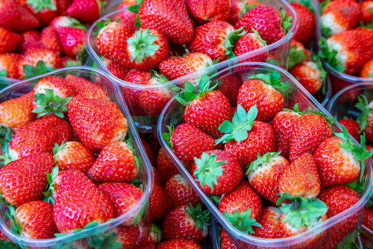 A variety of fresh strawberries in plastic containers lie in a grocery store display case