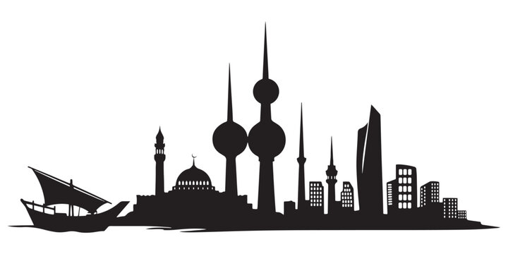Kuwait City skyline vector silhouette with traditional dhow boat, mosque, Kuwait Towers, and modern skyscrapers in black and white