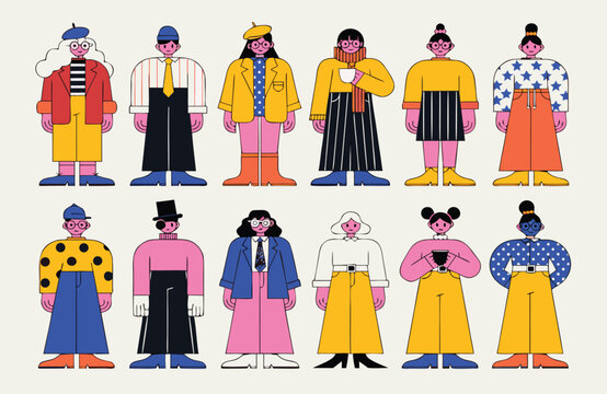 Diverse set of twelve cartoon people in various fashionable outfits