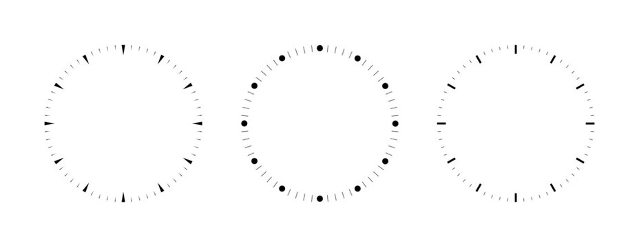 Blank clock face template set with hour and minute markers, precise time scale signs, round analog clock timer, circle dial watch faces symbols isolated on transparent background, vector illustration.