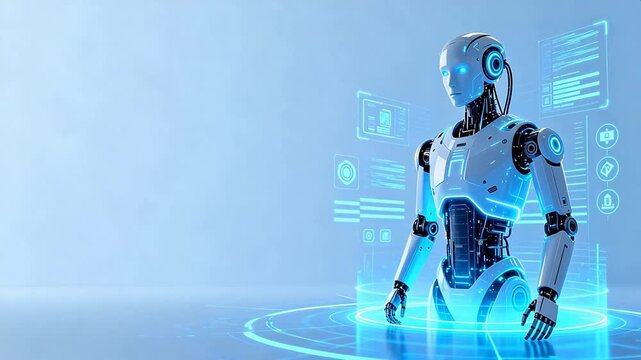 Futuristic humanoid robot with glowing interface