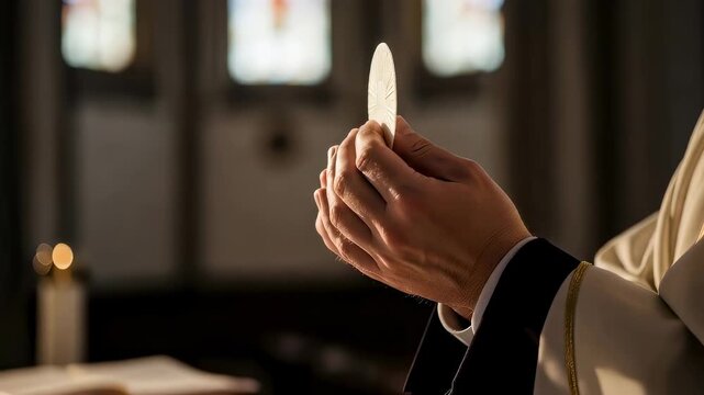 Priest performing a communion ritual in church, holding a sacred host during a religious ceremony.