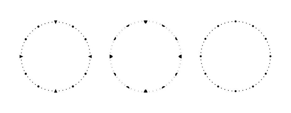 Set of blank clock face templates with hour and minute markers, precise time scale signs, round analog clock timer, circle dial watch faces symbols isolated on transparent. vector illustration.