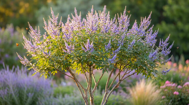 Vibrant purple Vitex tree blooming with flowers in spring sunlight representing garden growth and nature's beauty.
