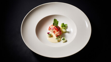 Elegant white plate with seafood and garnish on dark background