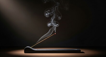 Burning incense stick with elegant smoke trails creating calm meditation atmosphere