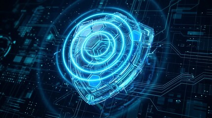 Futuristic 3D Glass Shield with Glowing Neon Blue Defense System