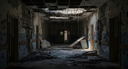 Obraz premium abandoned hospital hallway, dimly lit, destruction, neglect