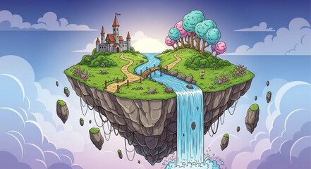 Floating Island with Waterfall and Lush Trees. © Tobel