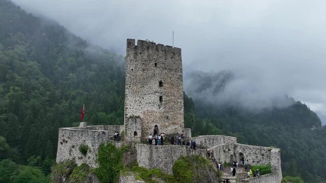 Historical Zilkale (Zil Kale) Castle located in Camlıhemsin, Rize and Kackar Mountains in the background