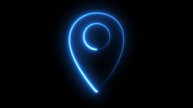 Glowing blue location pin icon neon light effect on black background digital map navigation marker futuristic technology