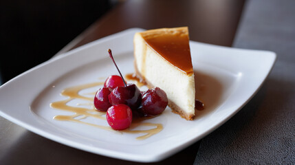 Slice of Cheesecake with Fresh Cherries on White Plate