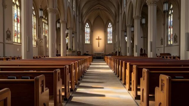 Sunlight moving across an empty church interior with pews and a cross on the altar. Faith and spiritual worship in a sacred space.
