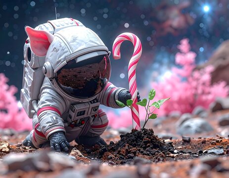 A creature in an astronaut suit, with pig-like ears, tends to a plant held by a candy cane, set on a red planet with pink flora