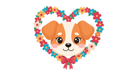 Fototapeta premium Adorable puppy face framed by a beautiful heart shaped wreath of colorful spring flowers with a red ribbon bow at the bottom.
