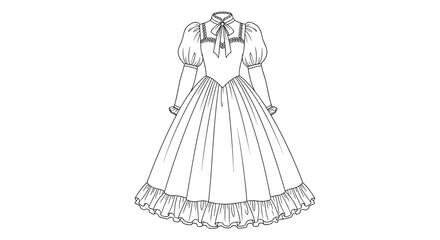 Elegant vintage style ball gown line drawing with puffy sleeves and a large ruffled skirt for fashion design and coloring pages.