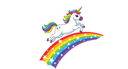 Obraz premium Magical white unicorn with a vibrant rainbow mane and tail jumping gracefully over a colorful arched rainbow decorated with stars.