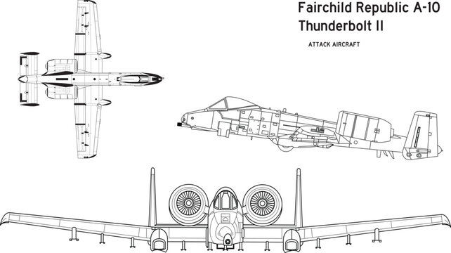 A-10 Thunderbolt II Fairchild Republic Ground Attack Aircraft Three Views Bundle Set Stroke Silhouette Outline Vector