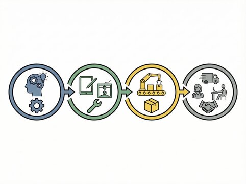 Innovative workflow optimization framework for efficient manufacturing processes showcasing ideation, design, production, and delivery transitions towards enhanced productivity outcomes
