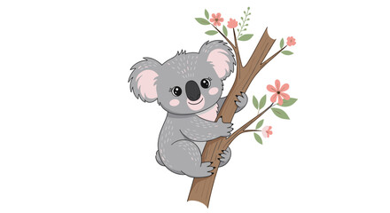 Naklejka premium Adorable grey koala character climbing a wooden tree branch decorated with delicate pink flowers and green leaves.