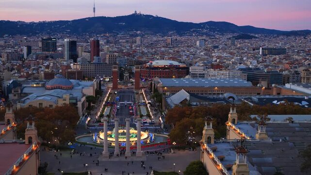 pan shot of the Barcelona cityscape from National museum art of Catalunya, Spain