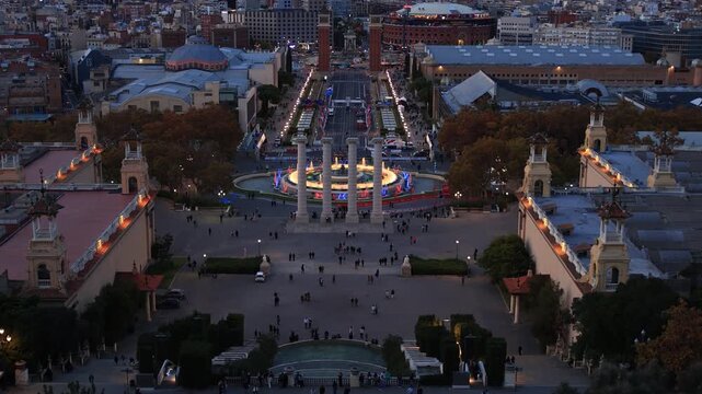 establishment aerial shot of  the Four Columns, the Magic Fountain  in front of National museum art of Catalunya, Spain