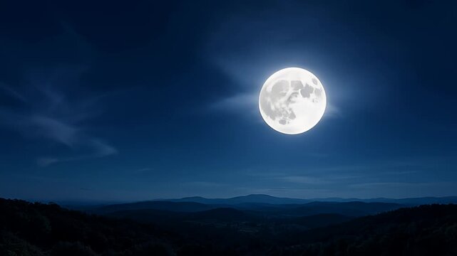 Full moon shining brightly over a landscape of distant rolling mountains